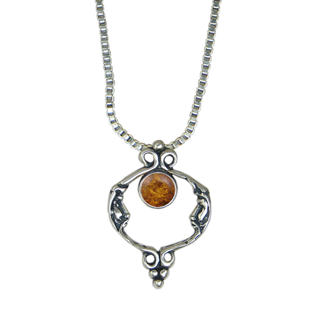 Sterling Silver Unusual Double Moon Necklace With Amber